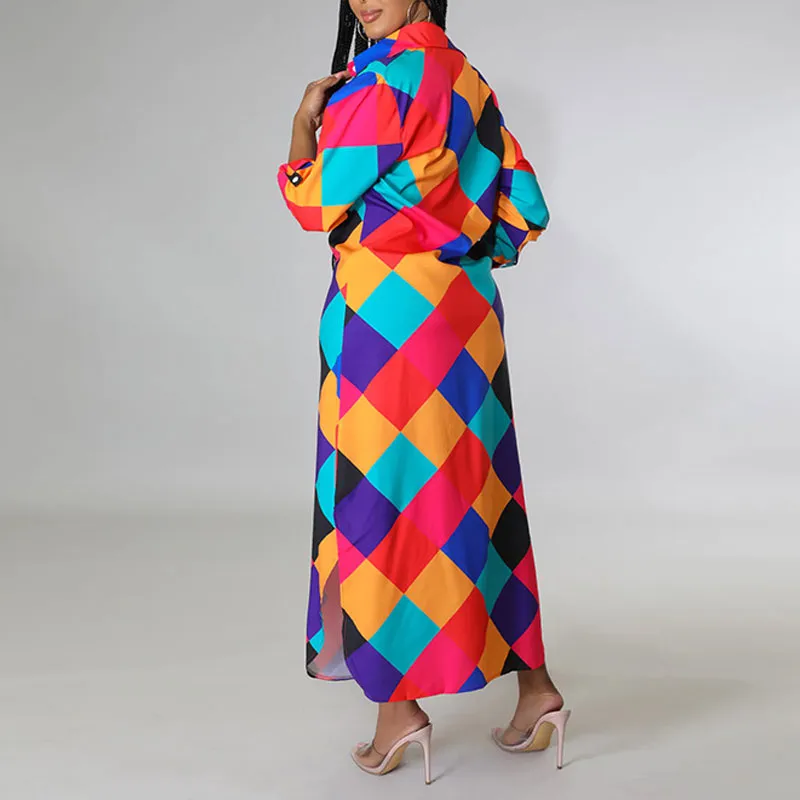 Print Long Sleeve Button Detailed Shirt Dress