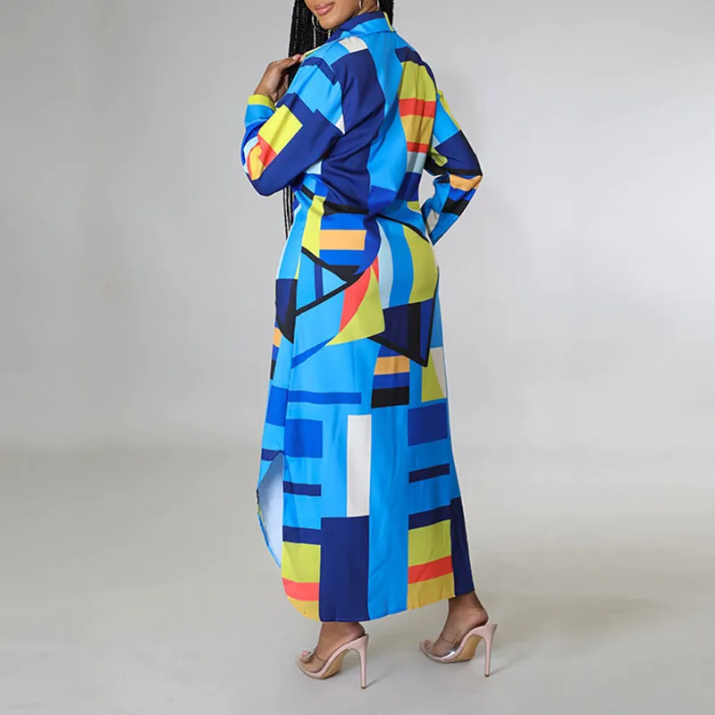 Print Long Sleeve Button Detailed Shirt Dress