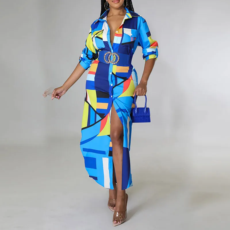 Print Long Sleeve Button Detailed Shirt Dress
