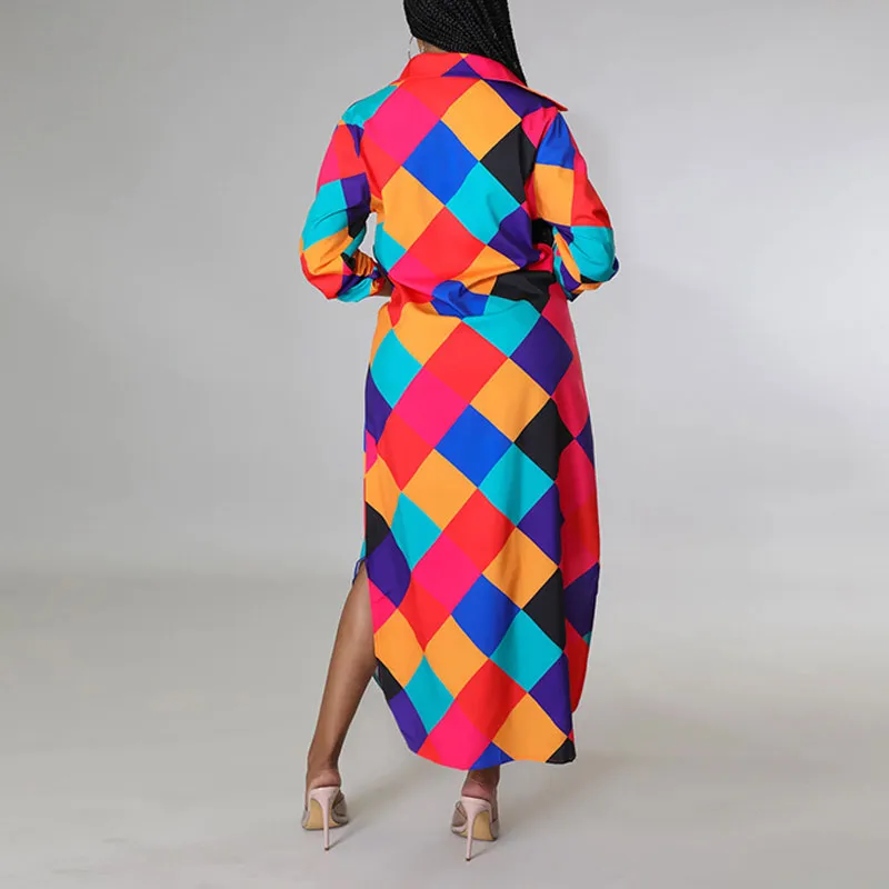 Print Long Sleeve Button Detailed Shirt Dress