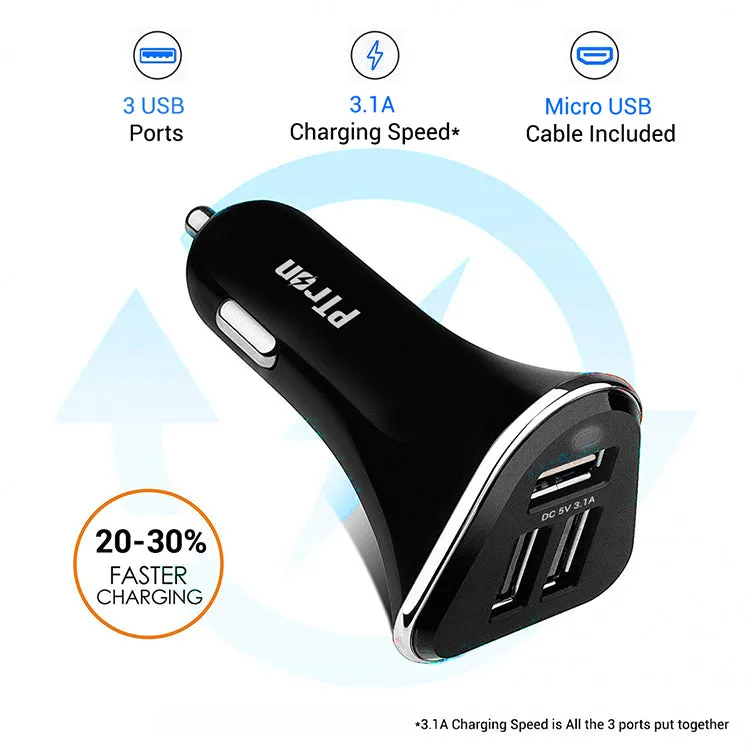 PTron Bullet 3.1A Fast Charging Car Charger with 3 USB Port & Micro USB Cable for All Mobile (Black)