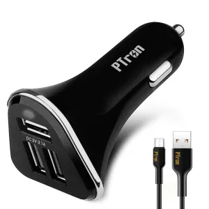 PTron Bullet 3.1A Fast Charging Car Charger with 3 USB Port & Micro USB Cable for All Mobile (Black)