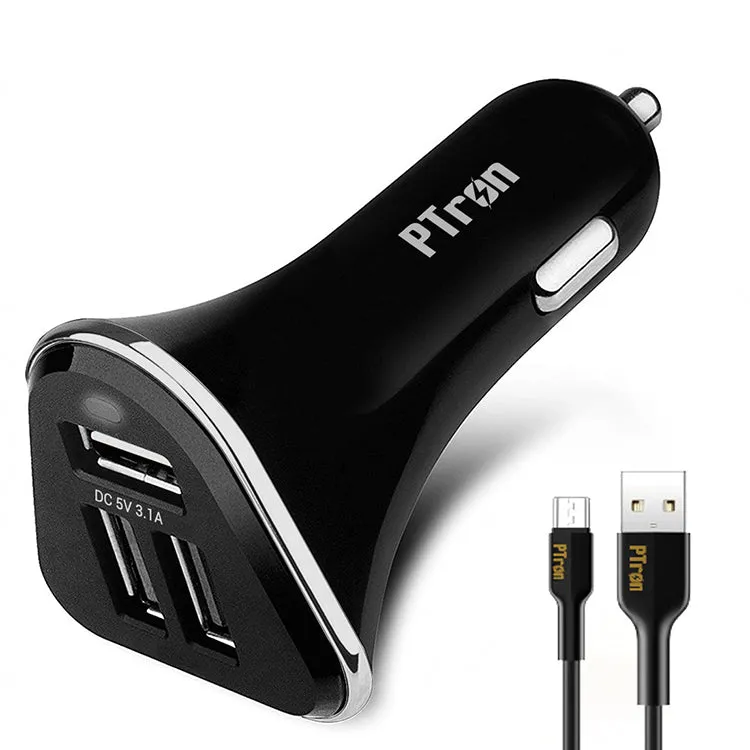 PTron Bullet 3.1A Fast Charging Car Charger with 3 USB Port & Micro USB Cable for All Mobile (Black)