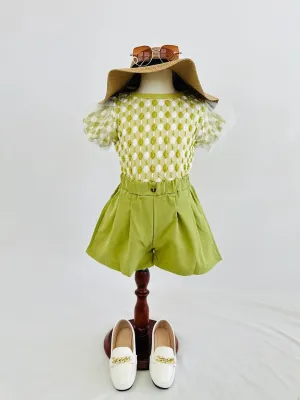 Puff Sleeve Blouse and Shorts Set with Net Detailing