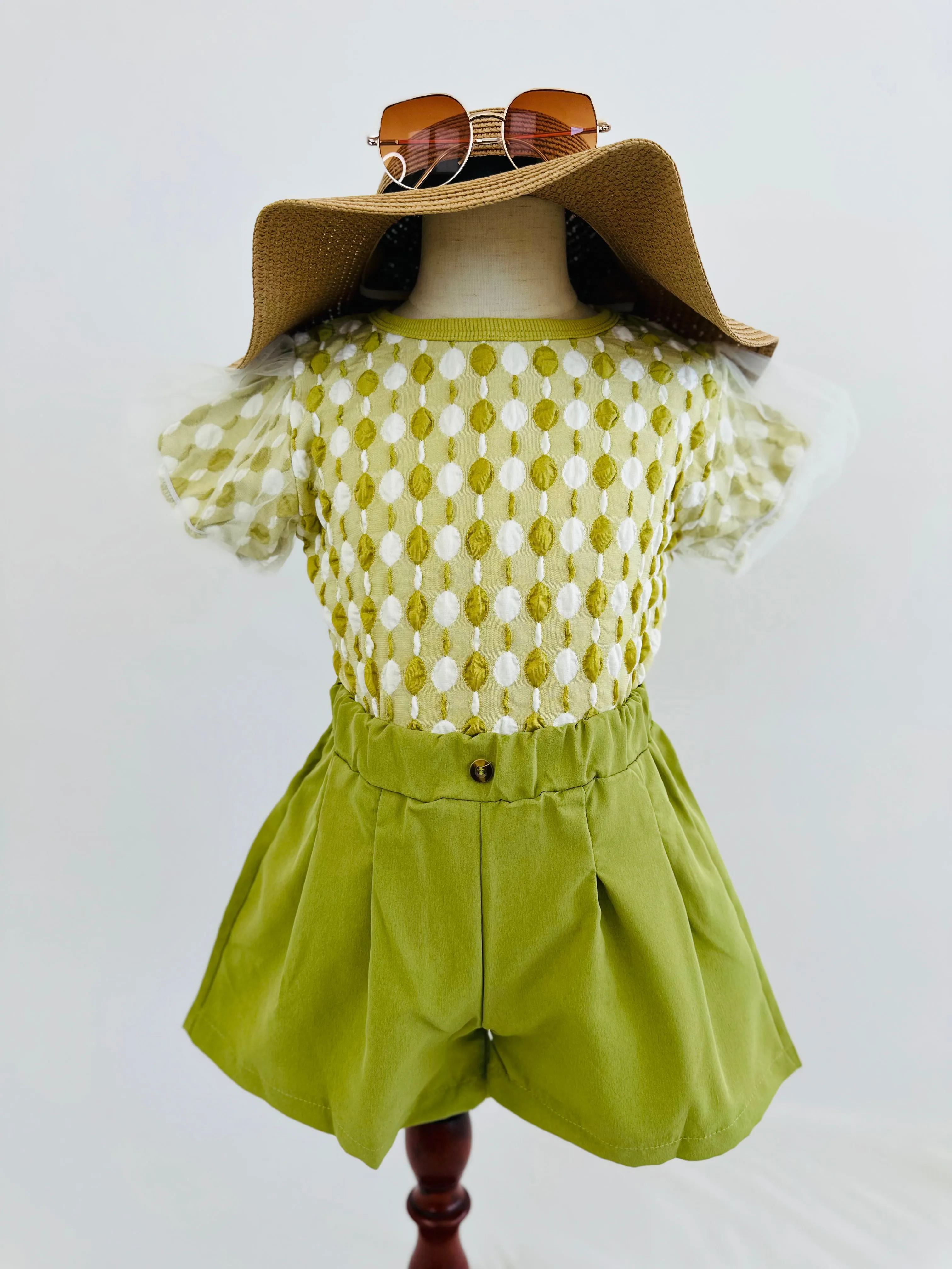Puff Sleeve Blouse and Shorts Set with Net Detailing