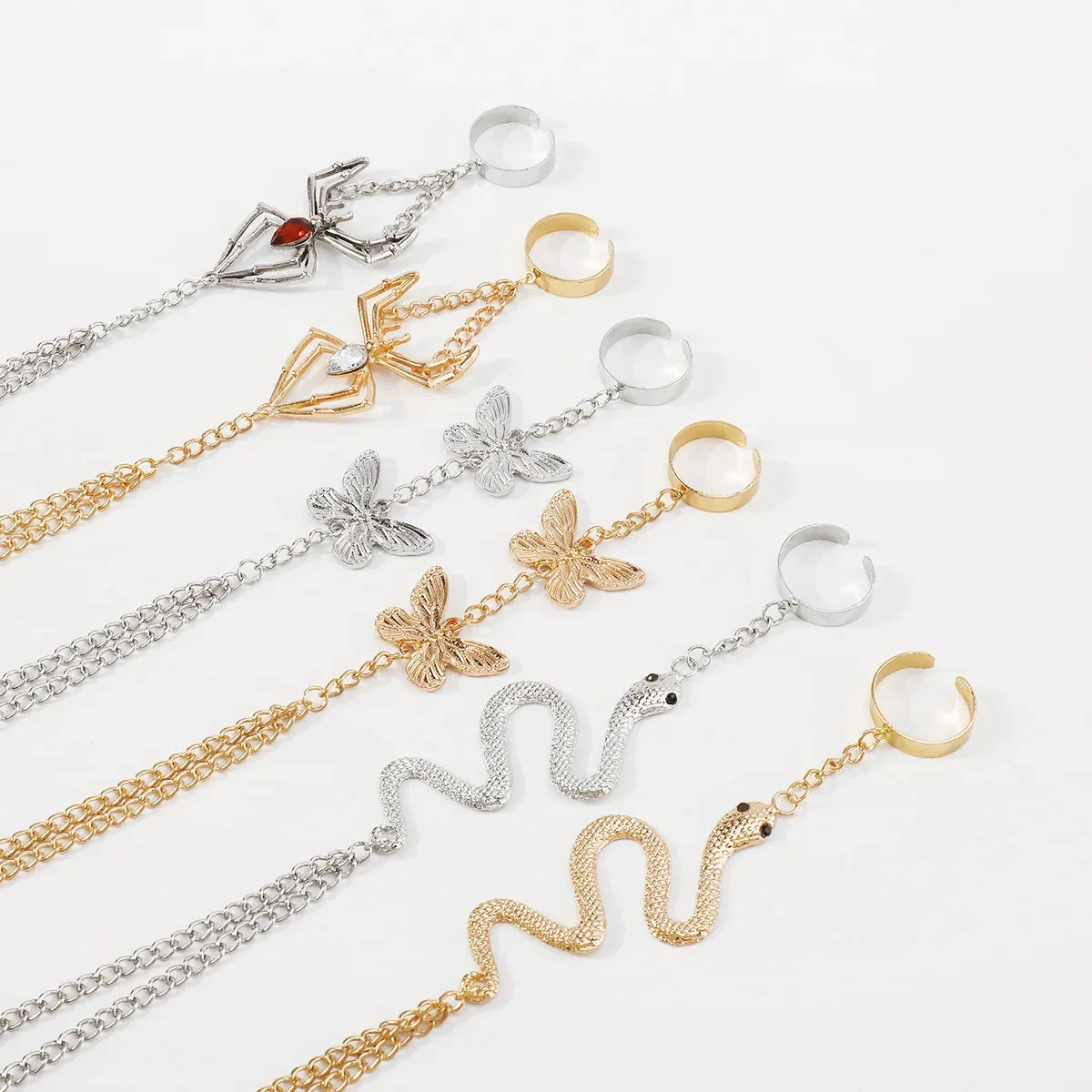 Punk Link Chain Bracelet with Connected Finger Ring