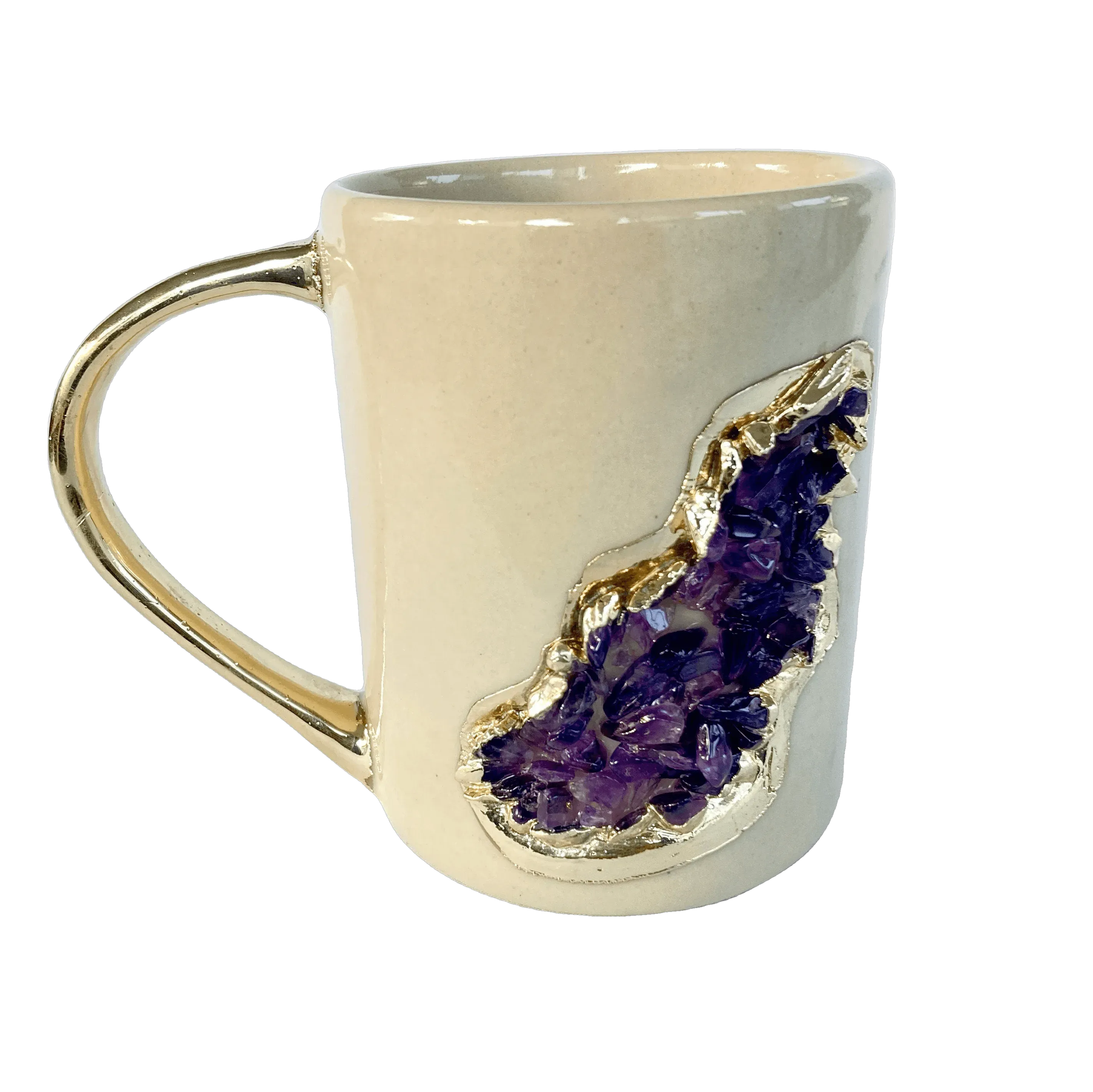 Purple Amethyst Crystal Ceramic Mug with Gold Handle - Set of 2