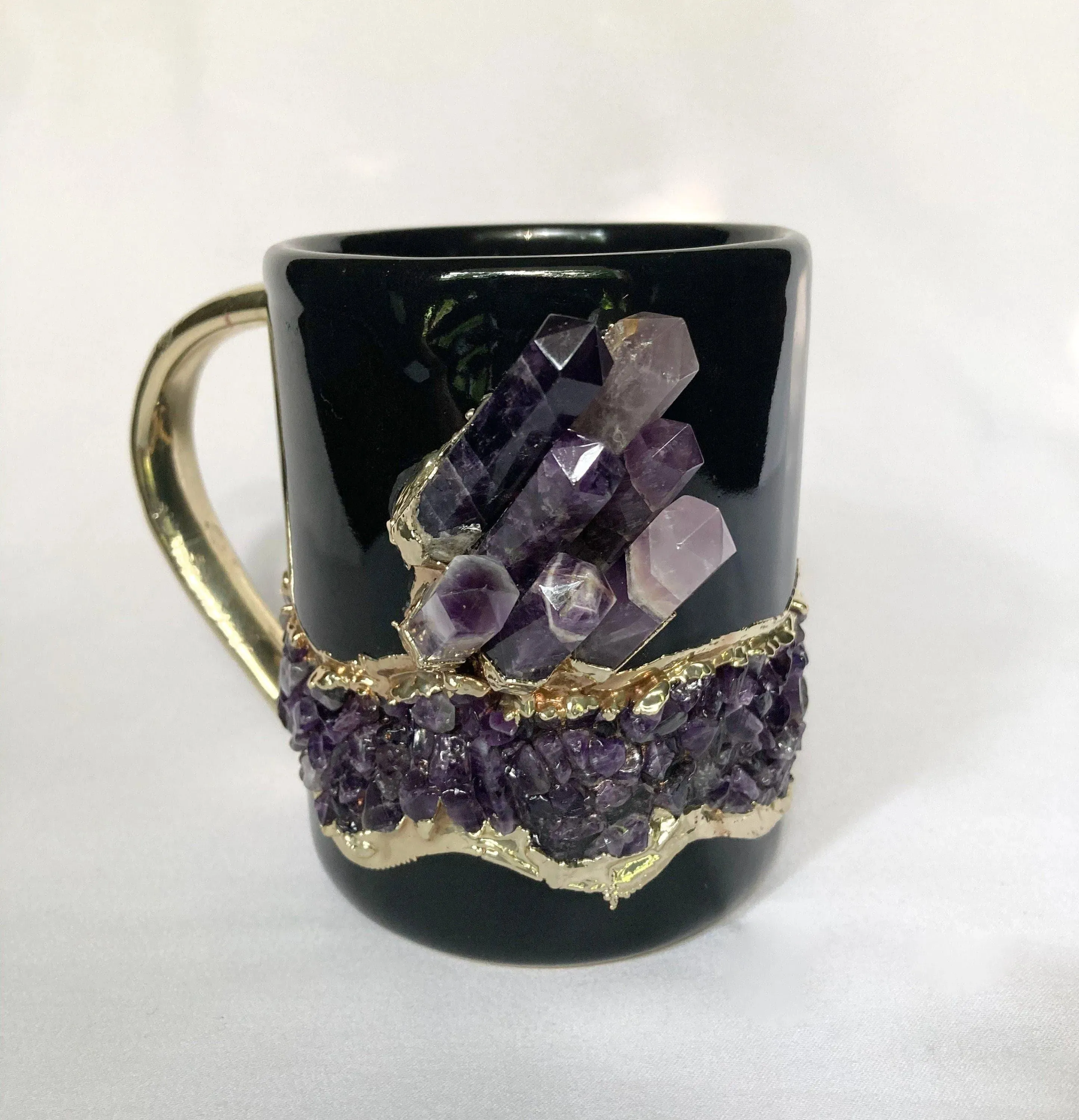 Purple Amethyst Crystal Ceramic Mug with Gold Handle