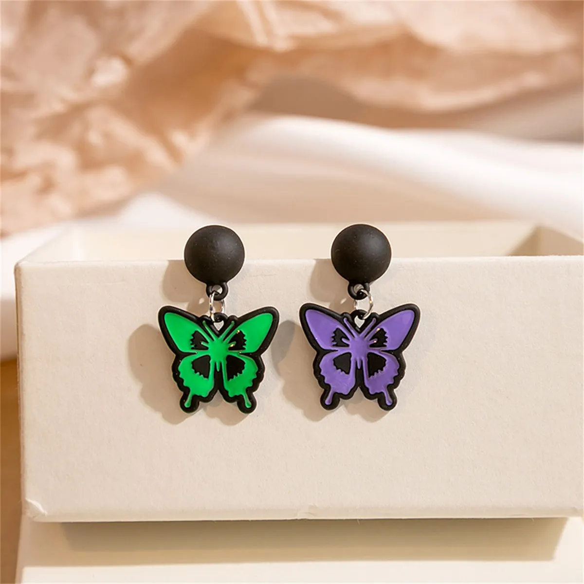 Purple & Green Enamel Silver-Plated Butterfly Drop Earrings