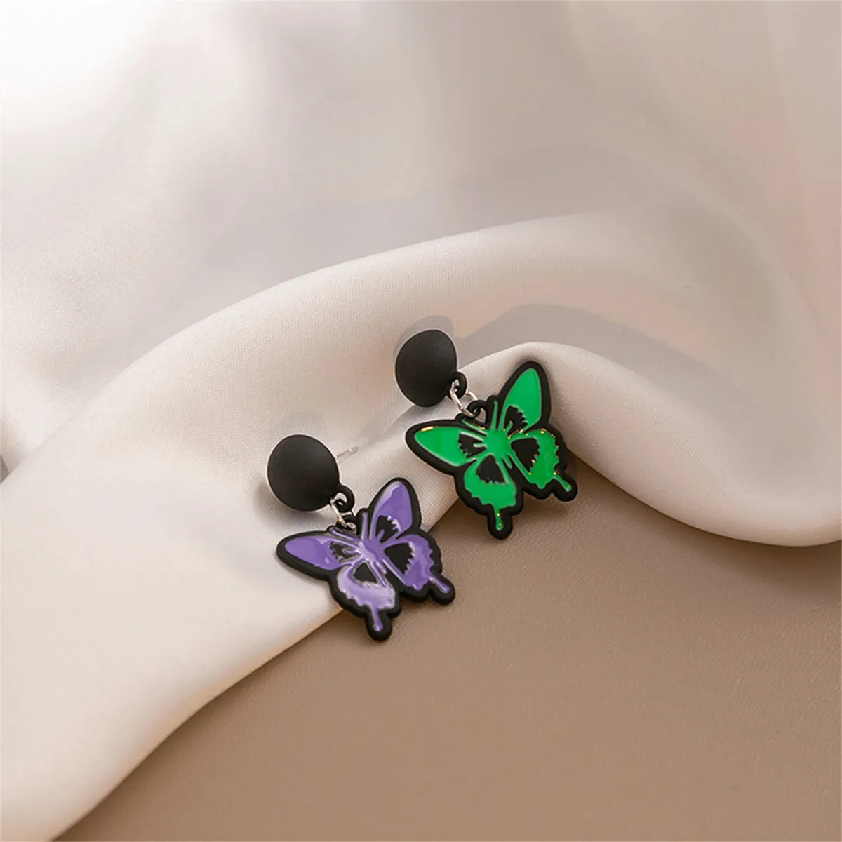 Purple & Green Enamel Silver-Plated Butterfly Drop Earrings
