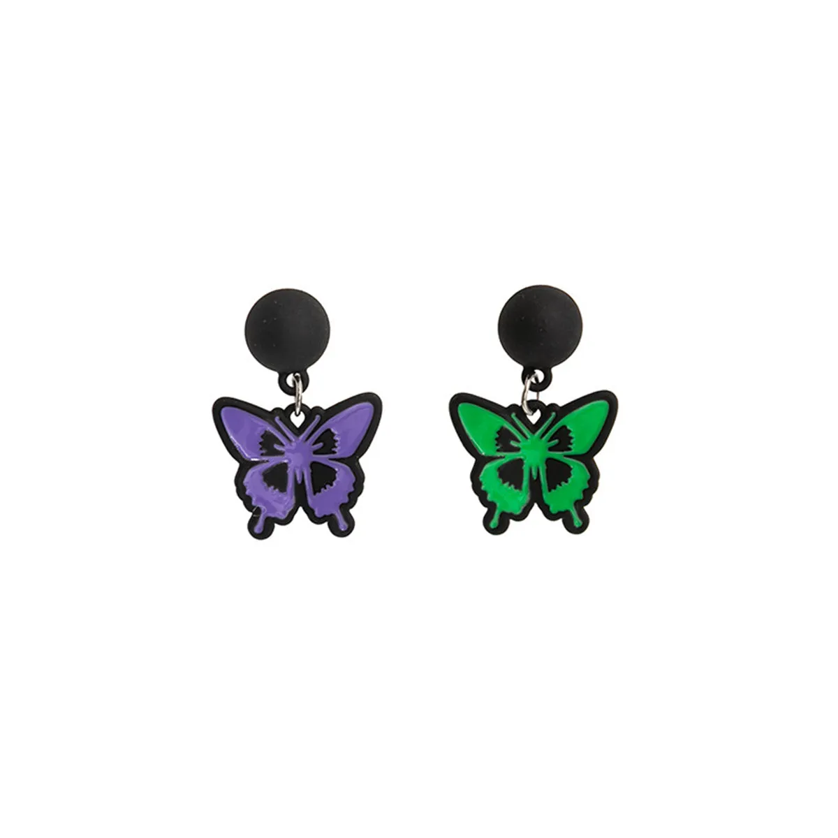 Purple & Green Enamel Silver-Plated Butterfly Drop Earrings