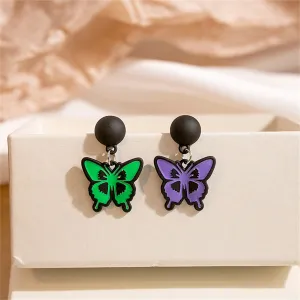 Purple & Green Enamel Silver-Plated Butterfly Drop Earrings