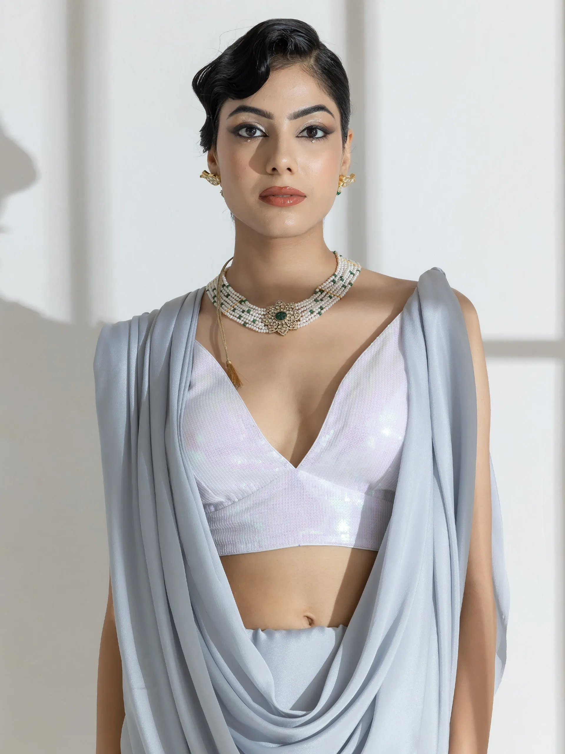 Quartz Grey Crepe Saree with beads and self Blouse fabric