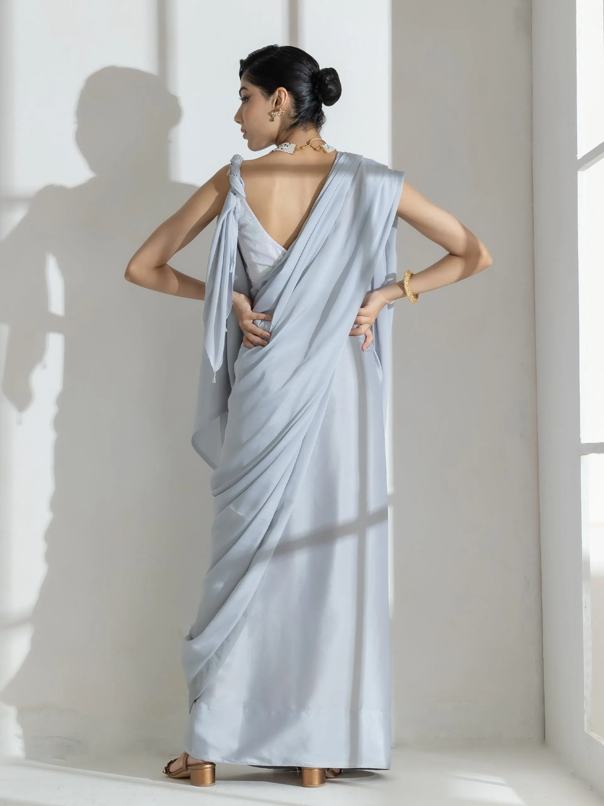 Quartz Grey Crepe Saree with beads and self Blouse fabric