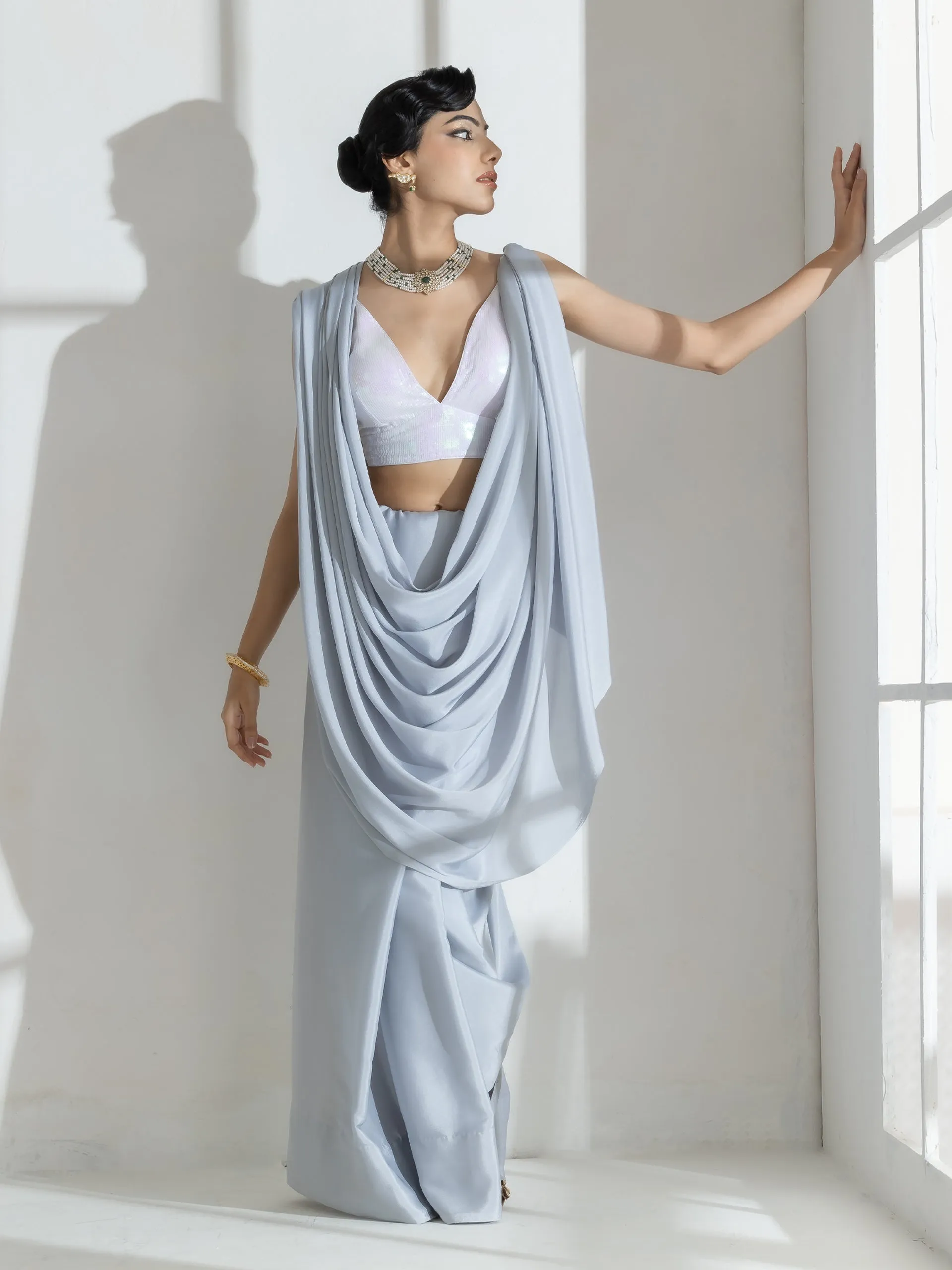 Quartz Grey Crepe Saree with beads and self Blouse fabric