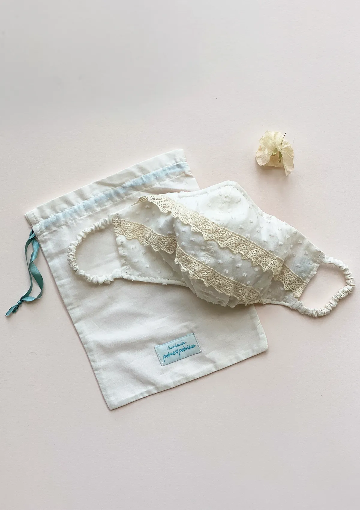 "Be Safe. Be Kind" Heirloom Mask - Swiss Dot & lace, Vintage Ivory
