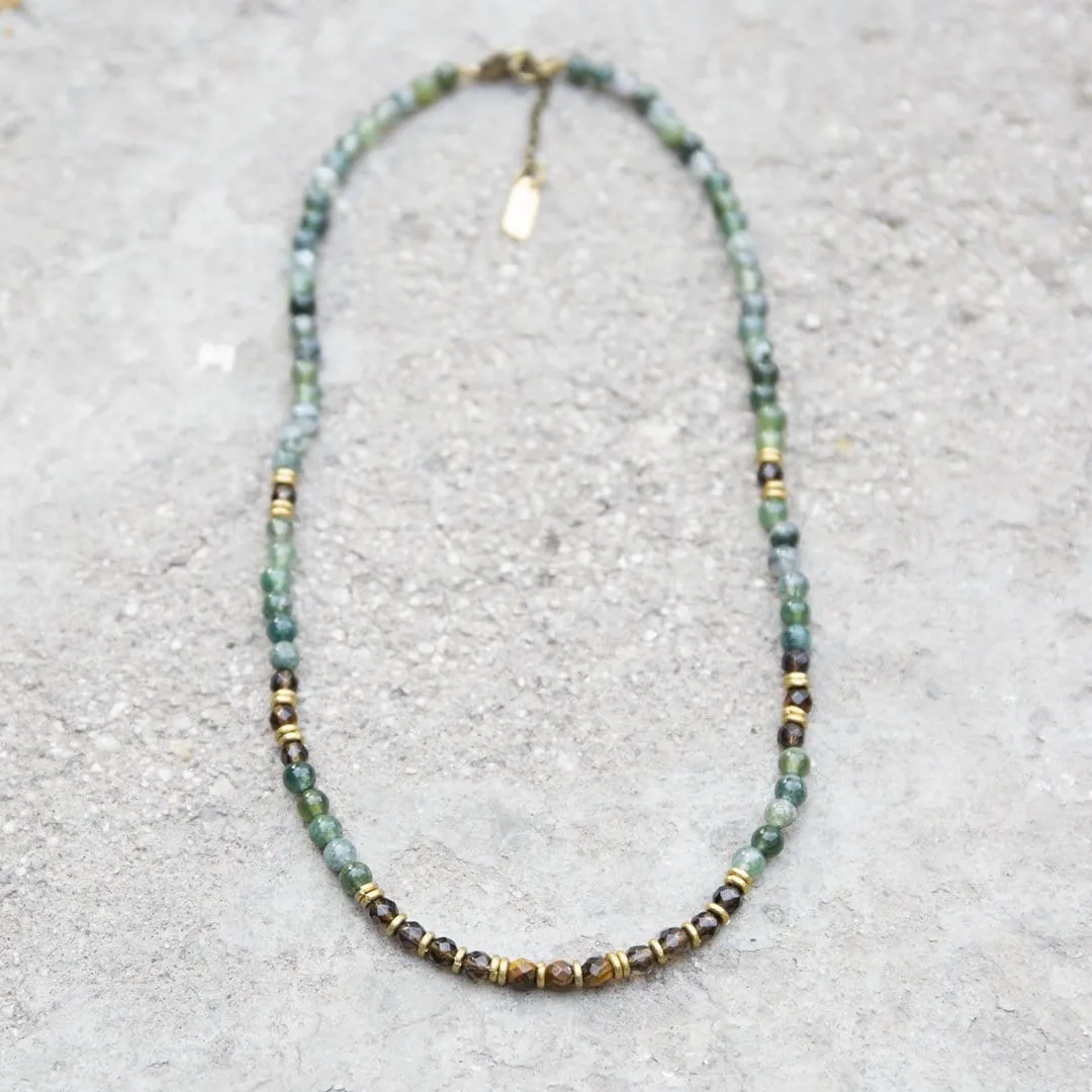 "Prosperity and Abundance" Moss Agate and Smoky Quartz Delicate Gemstone Necklace