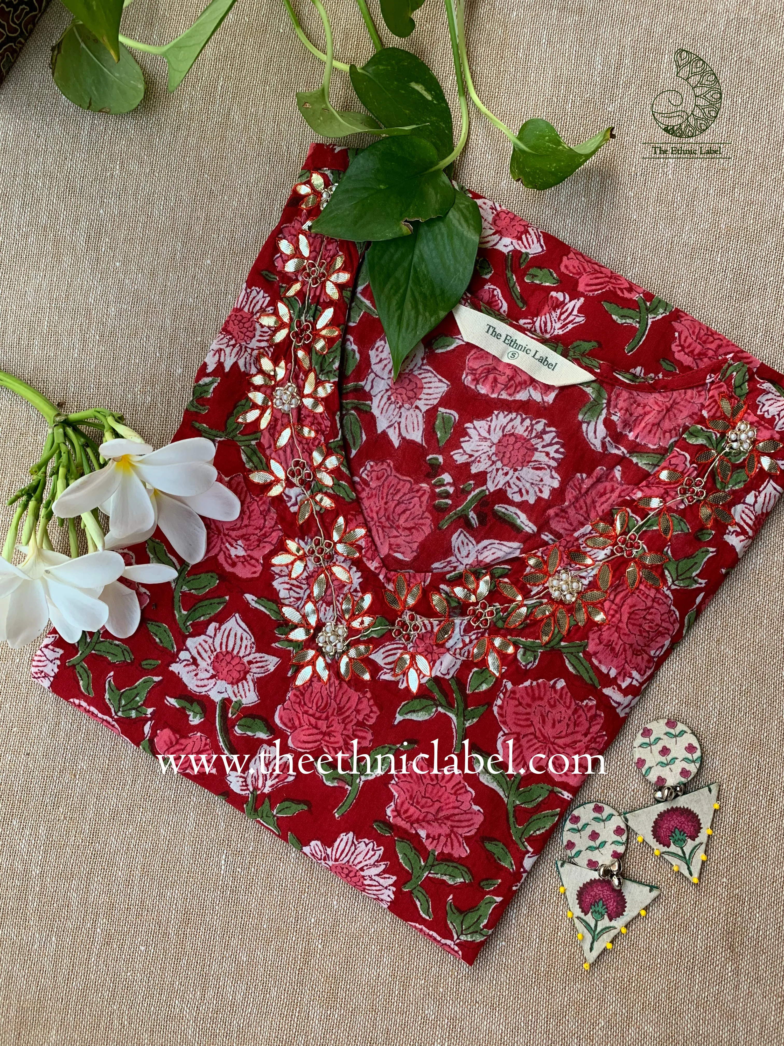 "Rukmani" Hand Embroidered Block Printed Cotton kurta