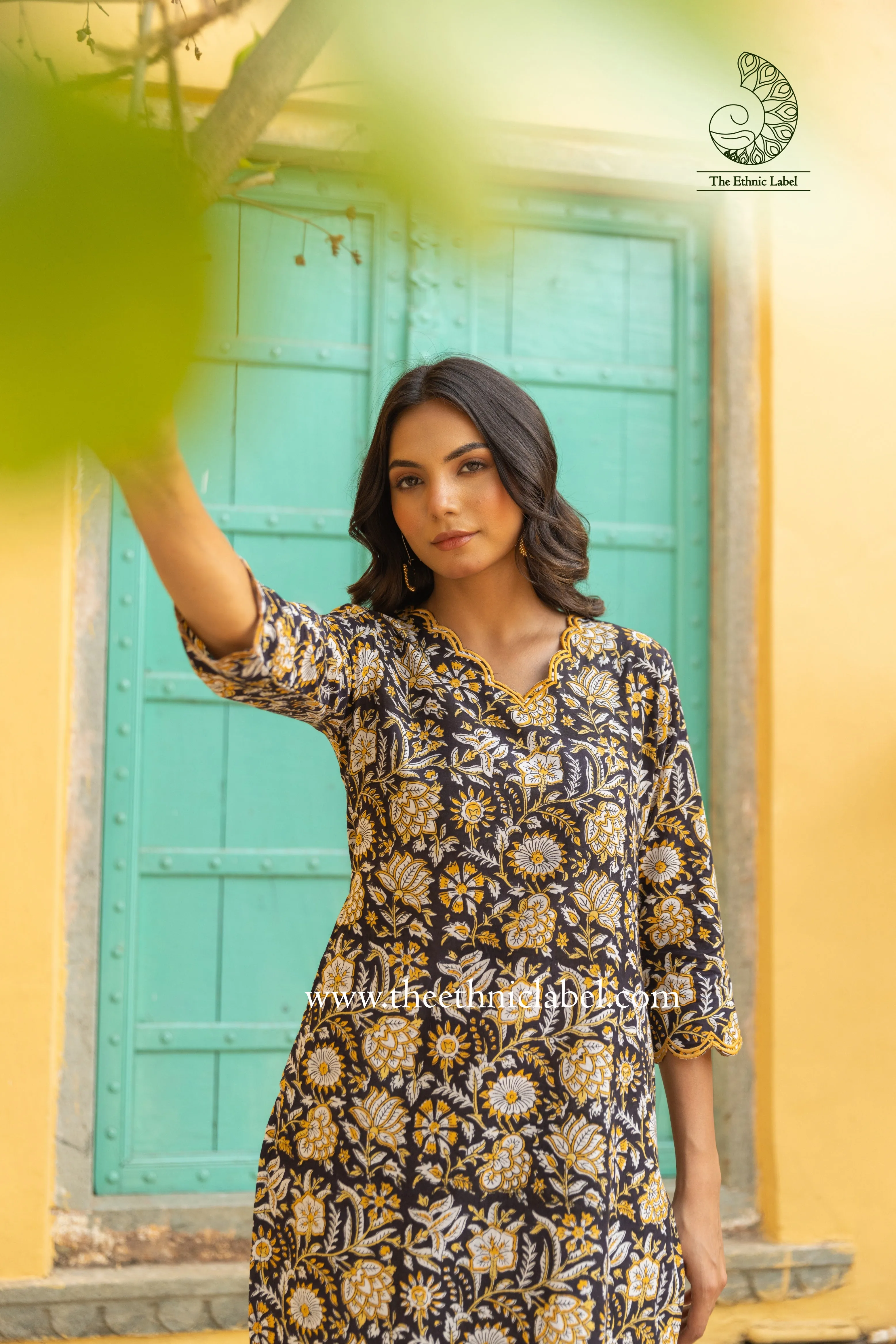 "Sajda" Hand Block Printed Scalloped Cotton Co-ord Set - 2 pc