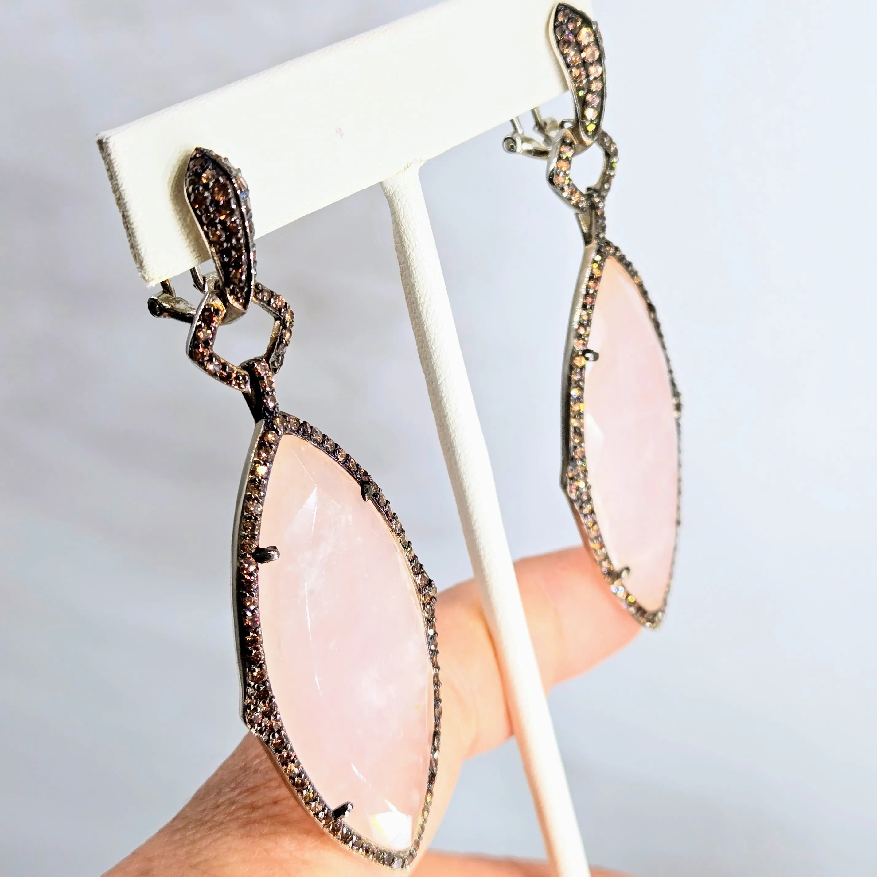 "Strawberry Mousse" 3" Earrings - Rose Quartz, Topaz, Anti-tarnish Sterling