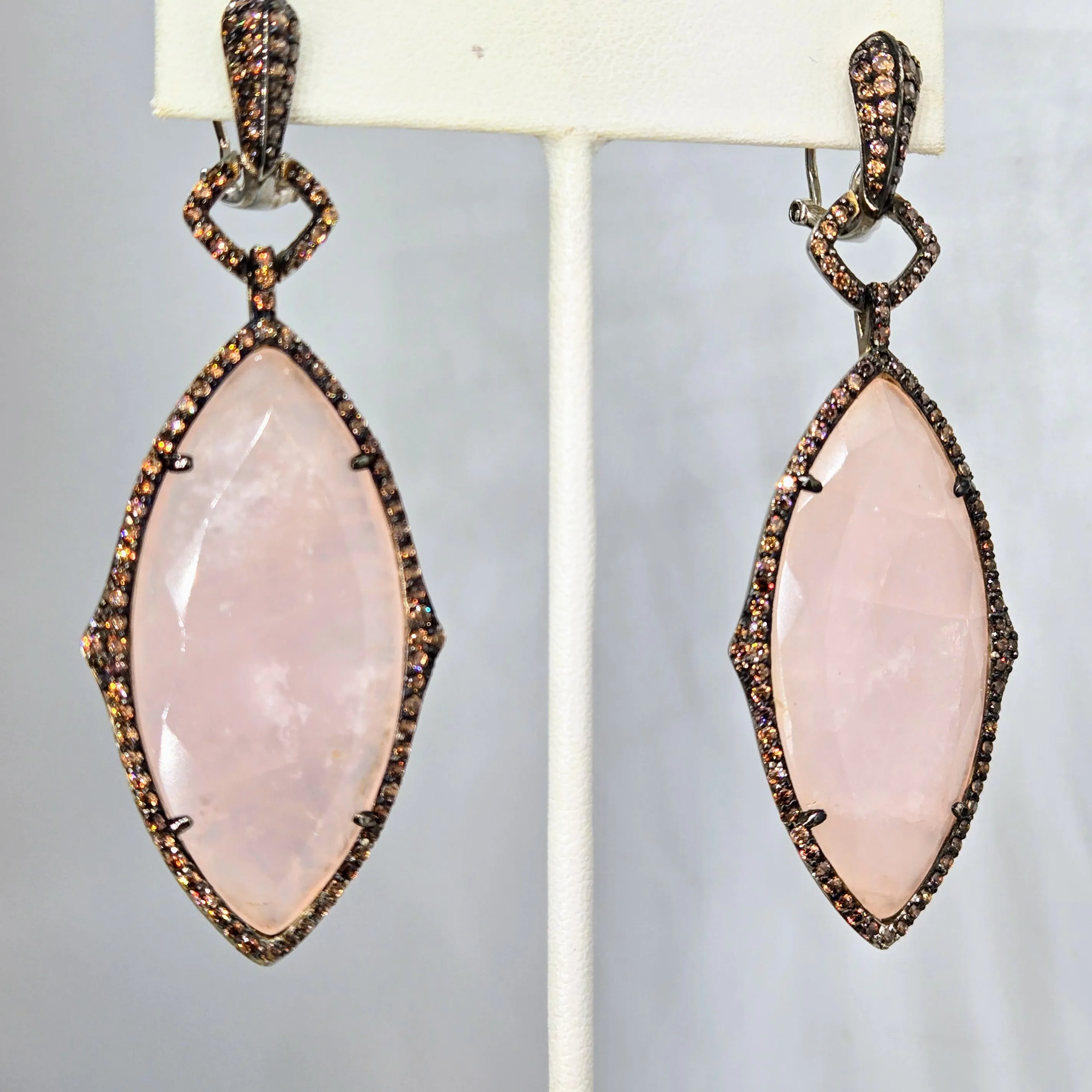 "Strawberry Mousse" 3" Earrings - Rose Quartz, Topaz, Anti-tarnish Sterling