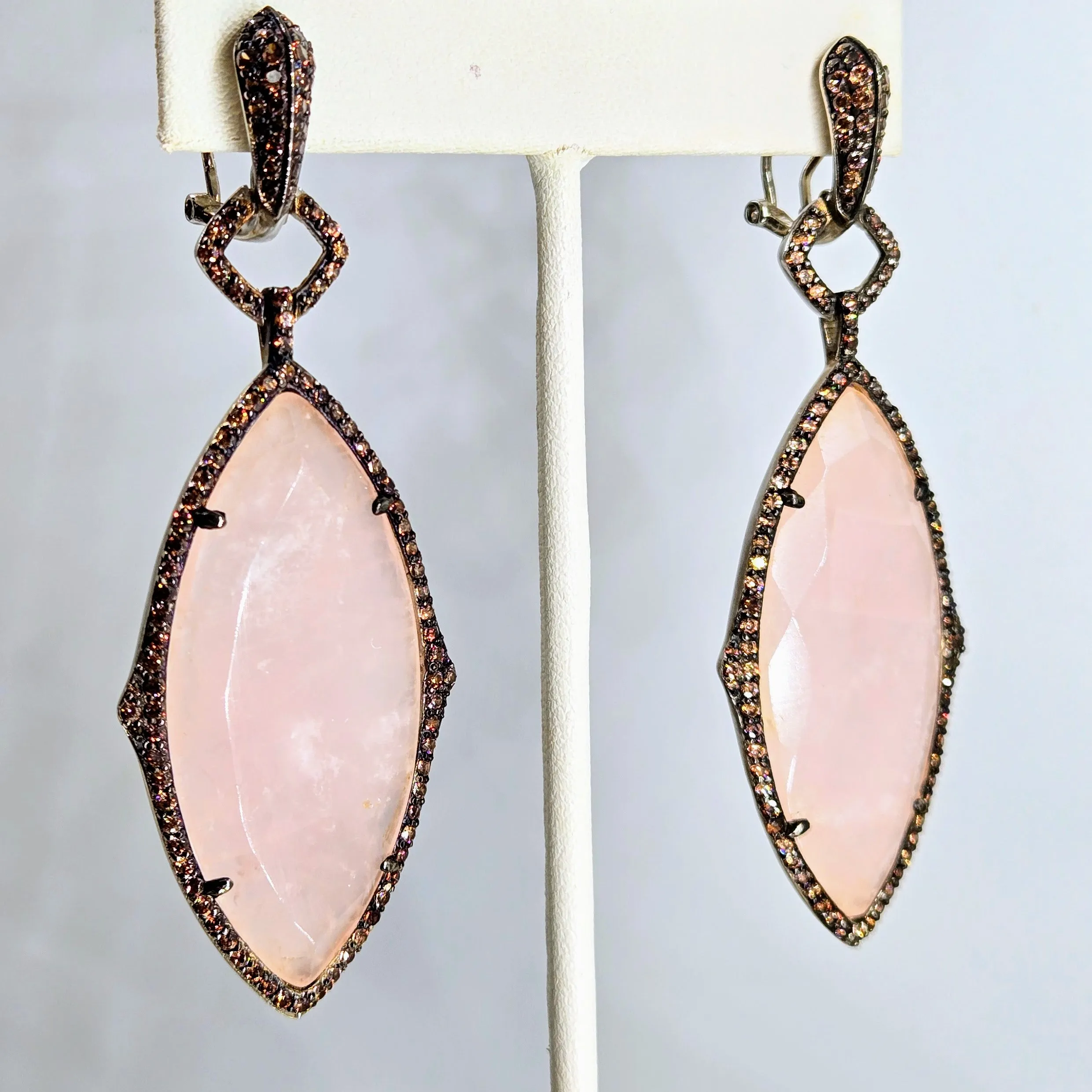 "Strawberry Mousse" 3" Earrings - Rose Quartz, Topaz, Anti-tarnish Sterling