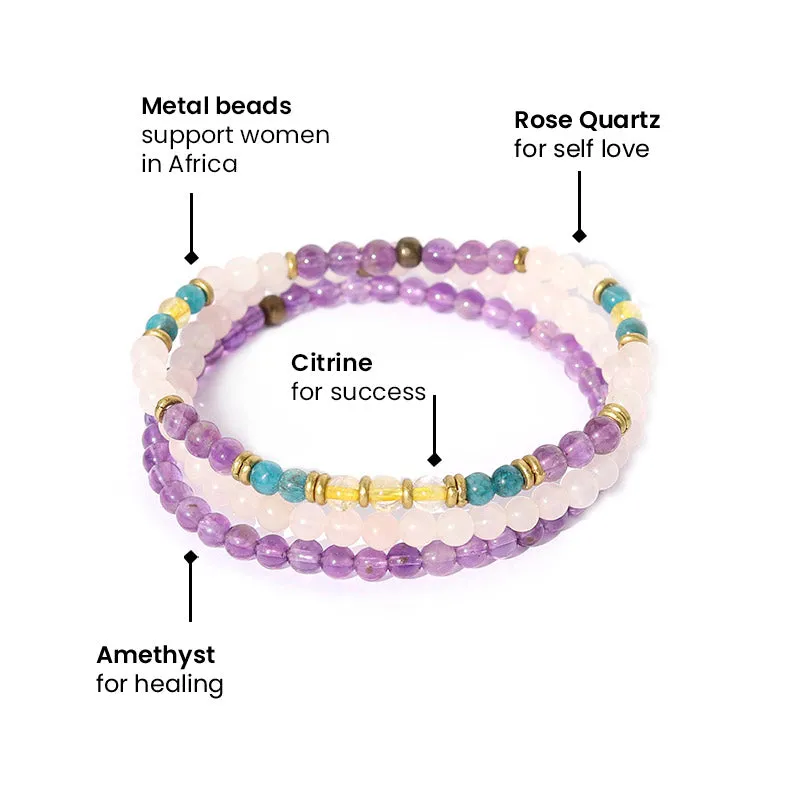 "Summer Energy" Rose Quart, Amethyst, and Citrine Bracelet Stack