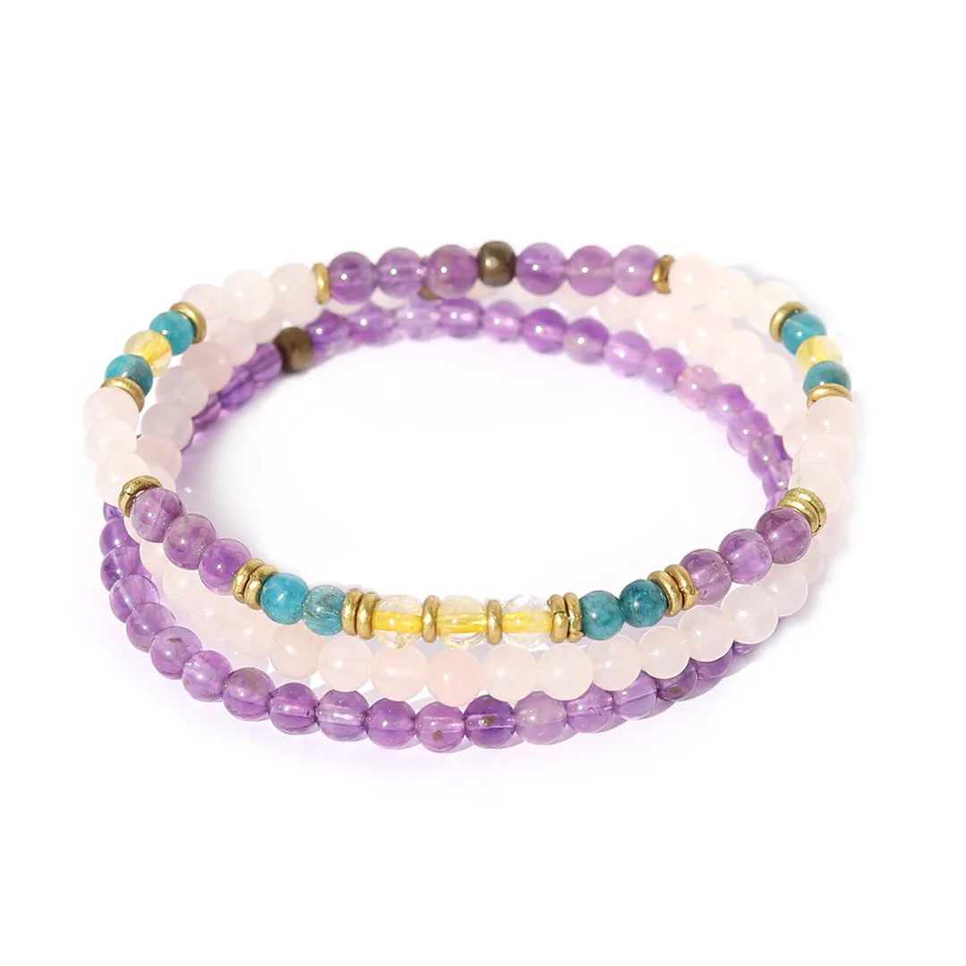 "Summer Energy" Rose Quart, Amethyst, and Citrine Bracelet Stack