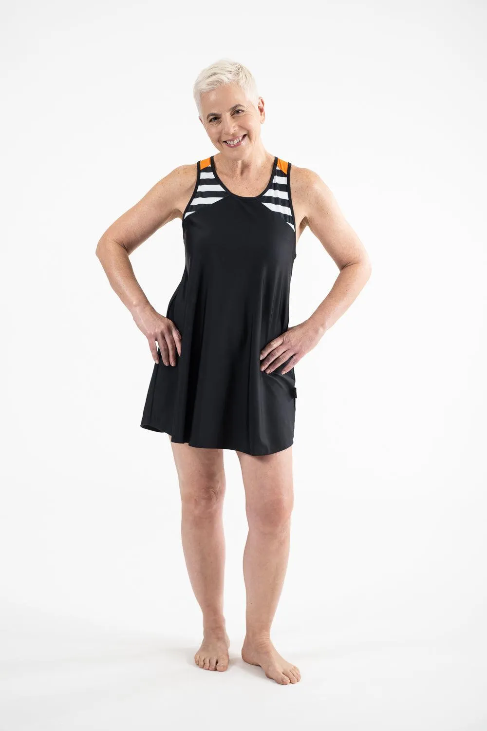 Racer Back Rashie Dress black and white with popsicle orange