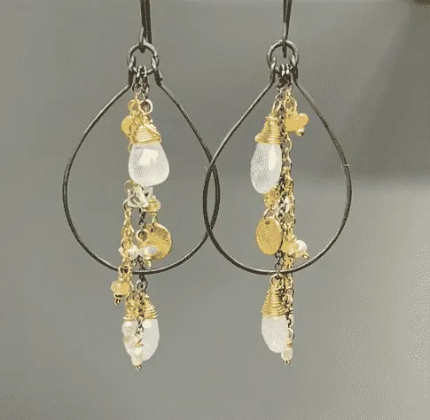 Rainbow Moonstone, Opal, Pearl Mixed Metal Hoops, Black and Gold
