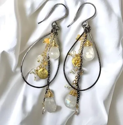 Rainbow Moonstone, Opal, Pearl Mixed Metal Hoops, Black and Gold