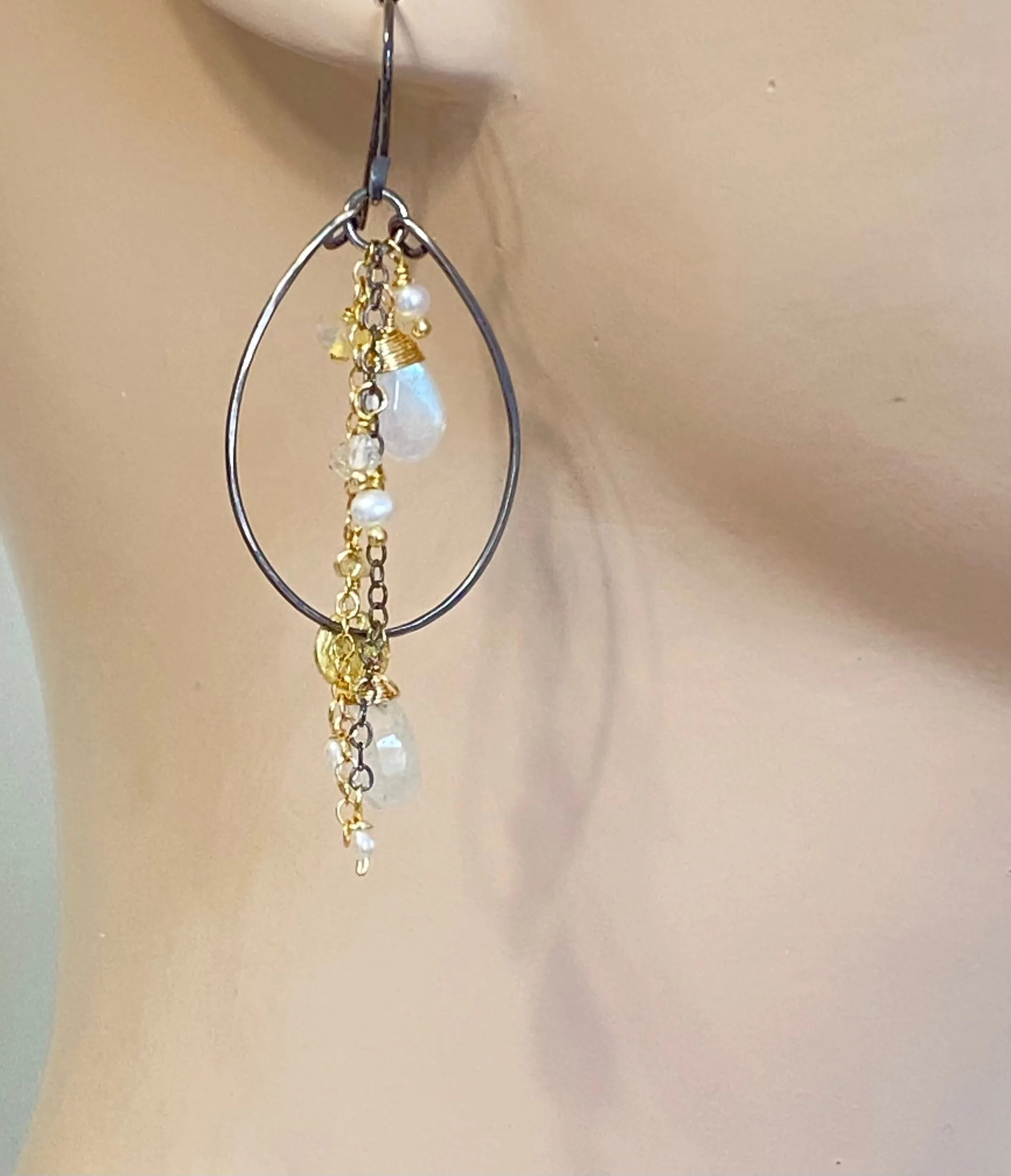 Rainbow Moonstone, Opal, Pearl Mixed Metal Hoops, Black and Gold