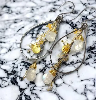 Rainbow Moonstone, Opal, Pearl Mixed Metal Hoops, Black and Gold
