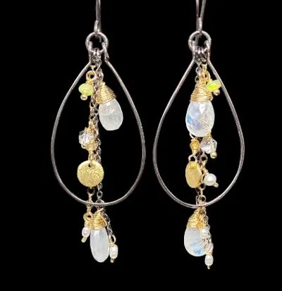 Rainbow Moonstone, Opal, Pearl Mixed Metal Hoops, Black and Gold