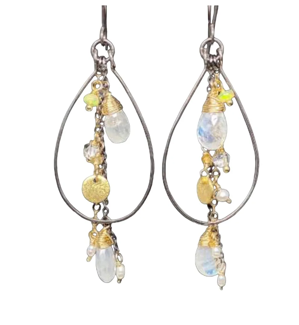 Rainbow Moonstone, Opal, Pearl Mixed Metal Hoops, Black and Gold
