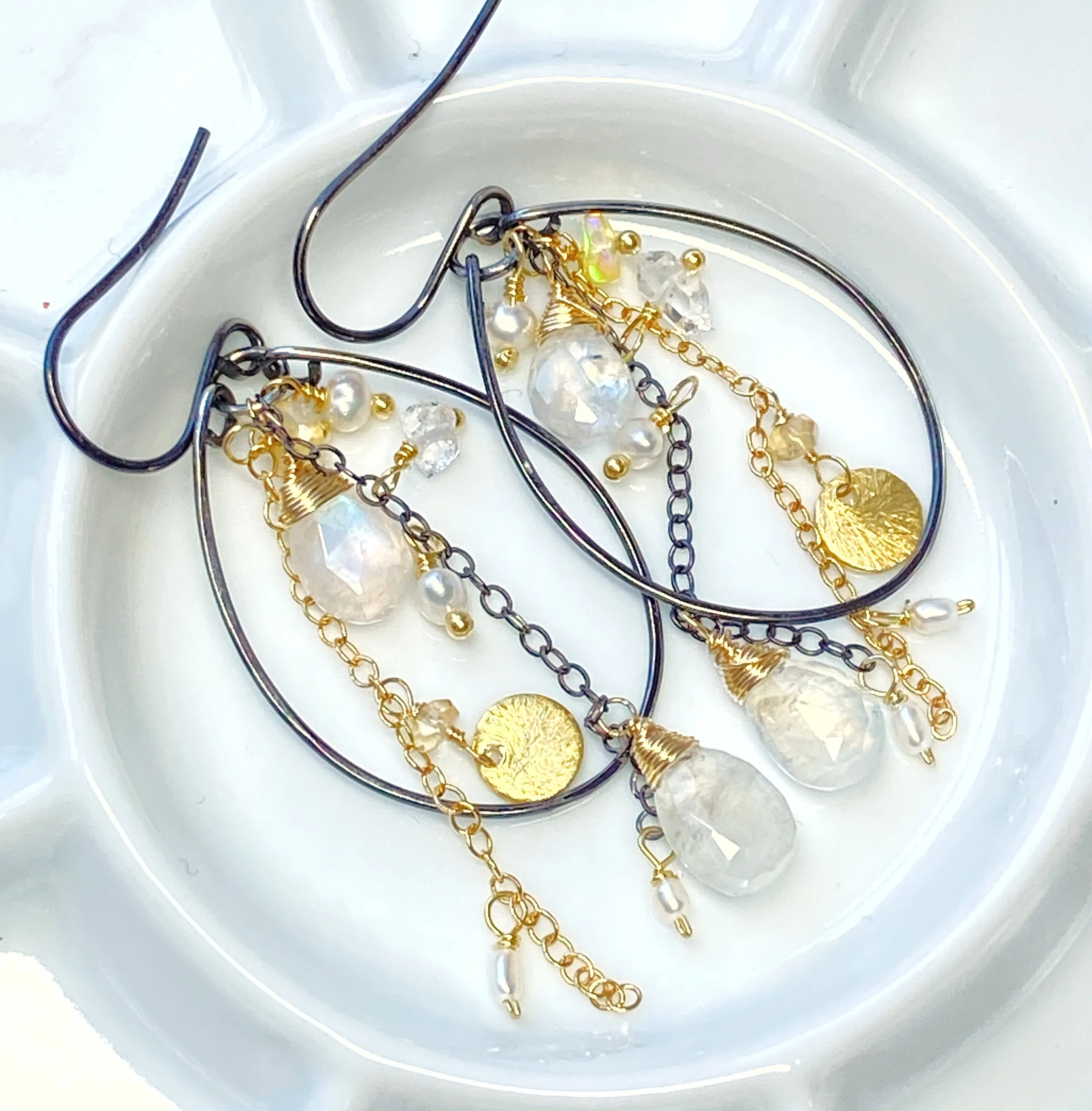 Rainbow Moonstone, Opal, Pearl Mixed Metal Hoops, Black and Gold