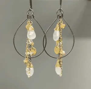 Rainbow Moonstone, Opal, Pearl Mixed Metal Hoops, Black and Gold