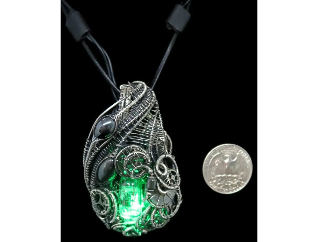 Rainbow Nixie Tube Necklace with Upcycled Electronic and Watch Parts, Steampunk/Cyberpunk Fusion LED