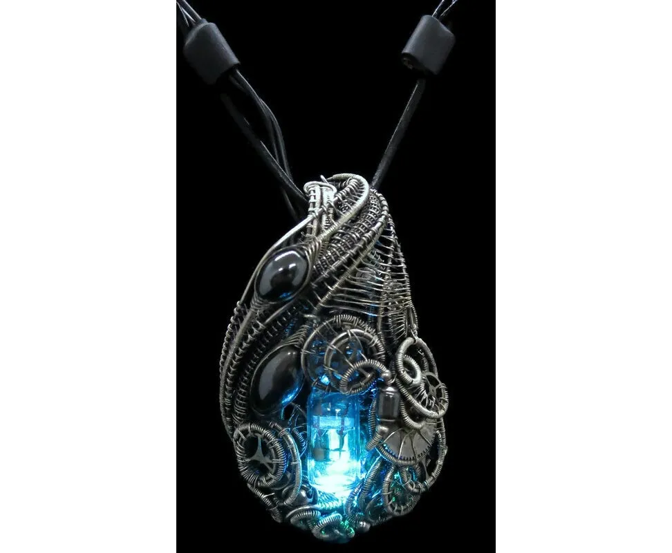 Rainbow Nixie Tube Necklace with Upcycled Electronic and Watch Parts, Steampunk/Cyberpunk Fusion LED