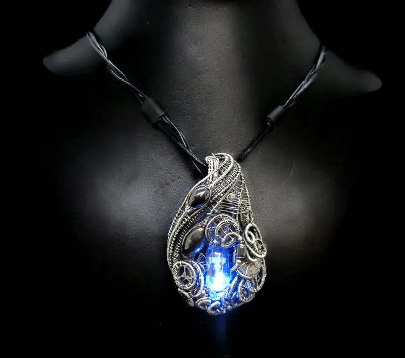 Rainbow Nixie Tube Necklace with Upcycled Electronic and Watch Parts, Steampunk/Cyberpunk Fusion LED