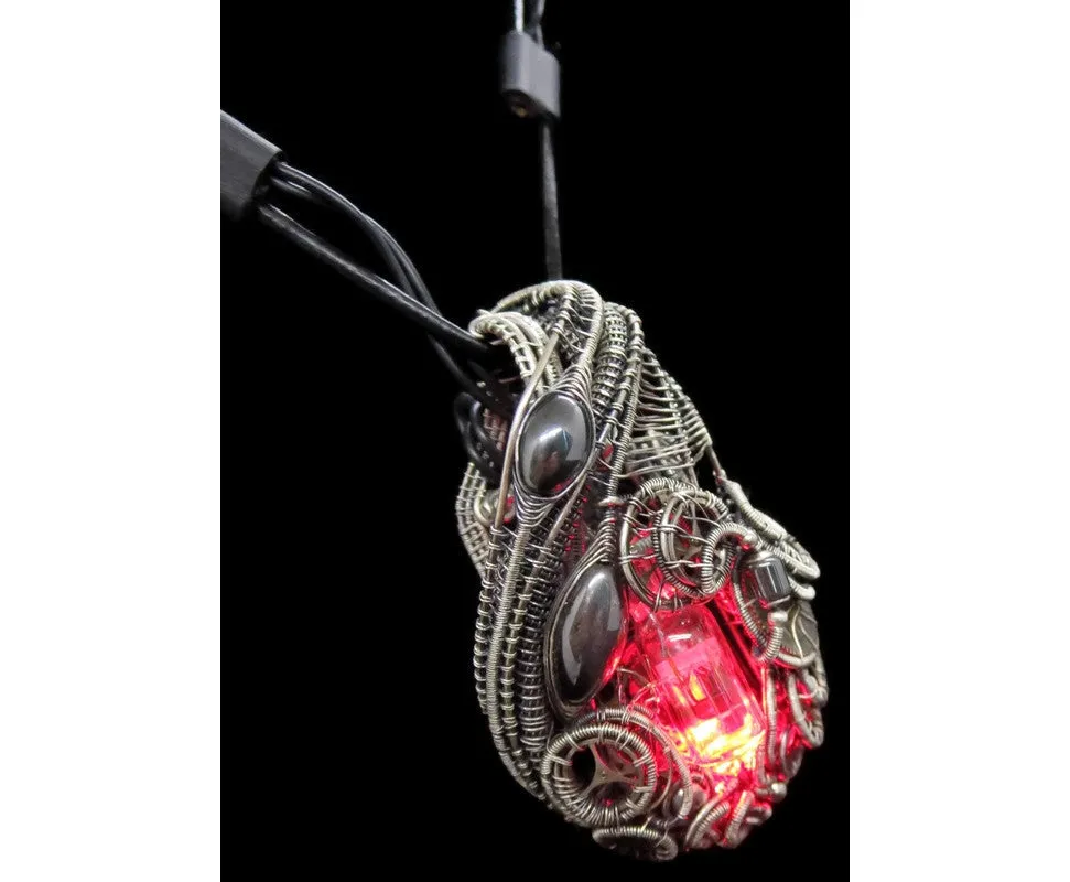 Rainbow Nixie Tube Necklace with Upcycled Electronic and Watch Parts, Steampunk/Cyberpunk Fusion LED