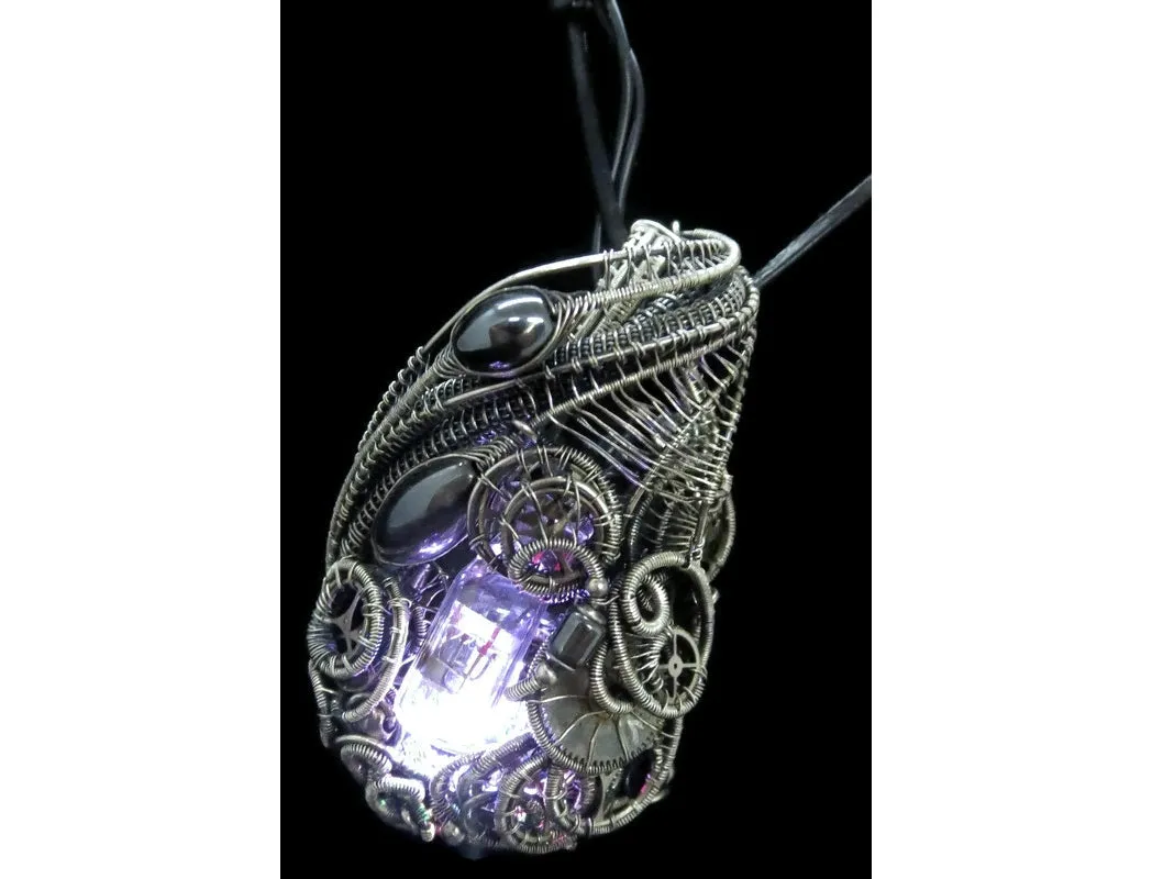 Rainbow Nixie Tube Necklace with Upcycled Electronic and Watch Parts, Steampunk/Cyberpunk Fusion LED