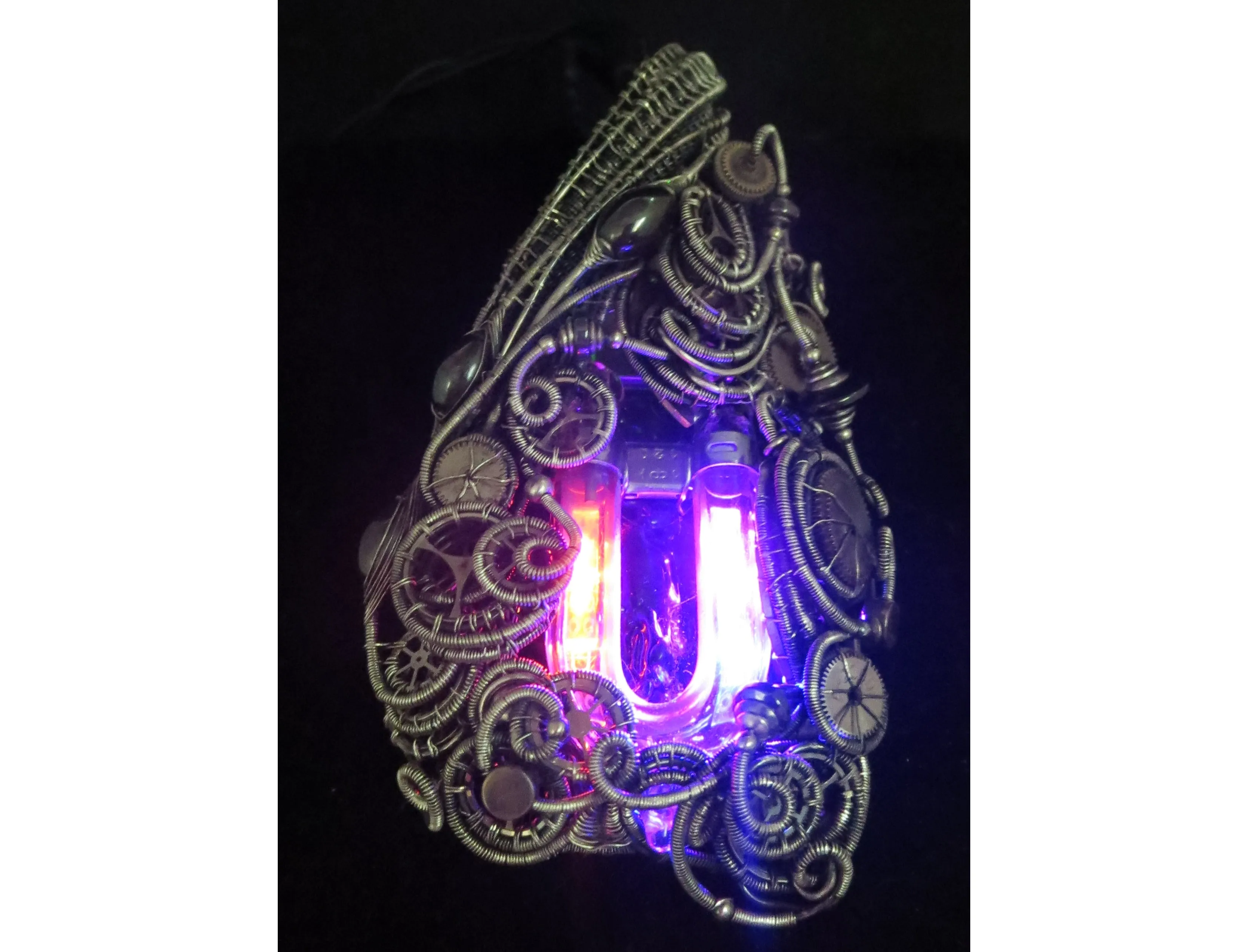 Rainbow U-Flashbulb Necklace with Upcycled Electronic and Watch Parts, Steampunk/Cyberpunk Fusion LED
