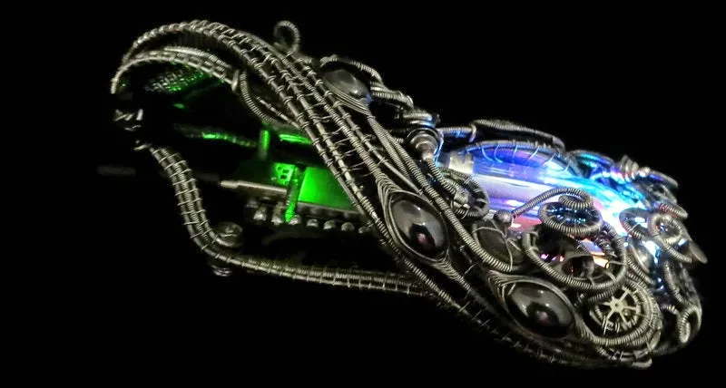 Rainbow U-Flashbulb Necklace with Upcycled Electronic and Watch Parts, Steampunk/Cyberpunk Fusion LED