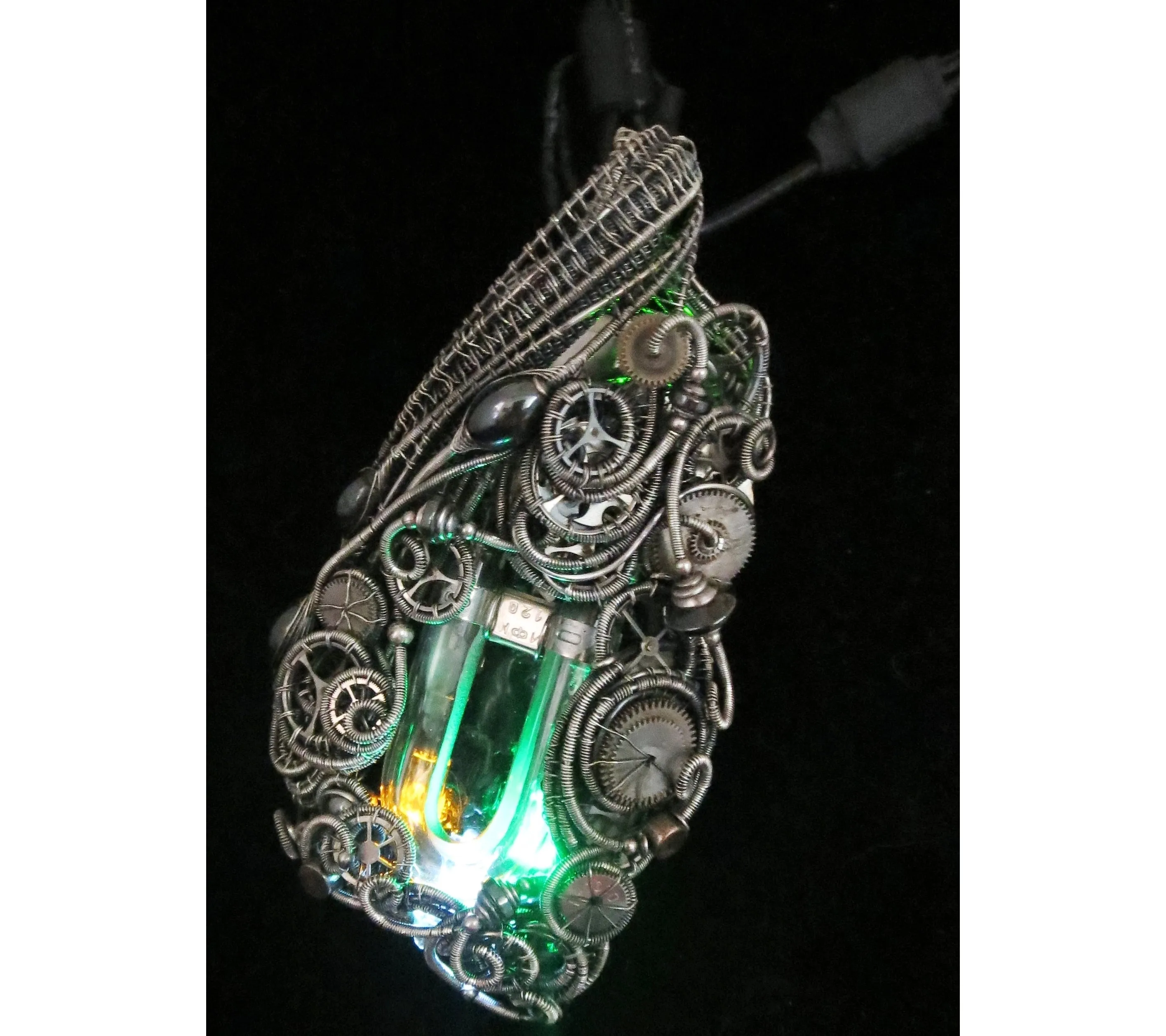 Rainbow U-Flashbulb Necklace with Upcycled Electronic and Watch Parts, Steampunk/Cyberpunk Fusion LED