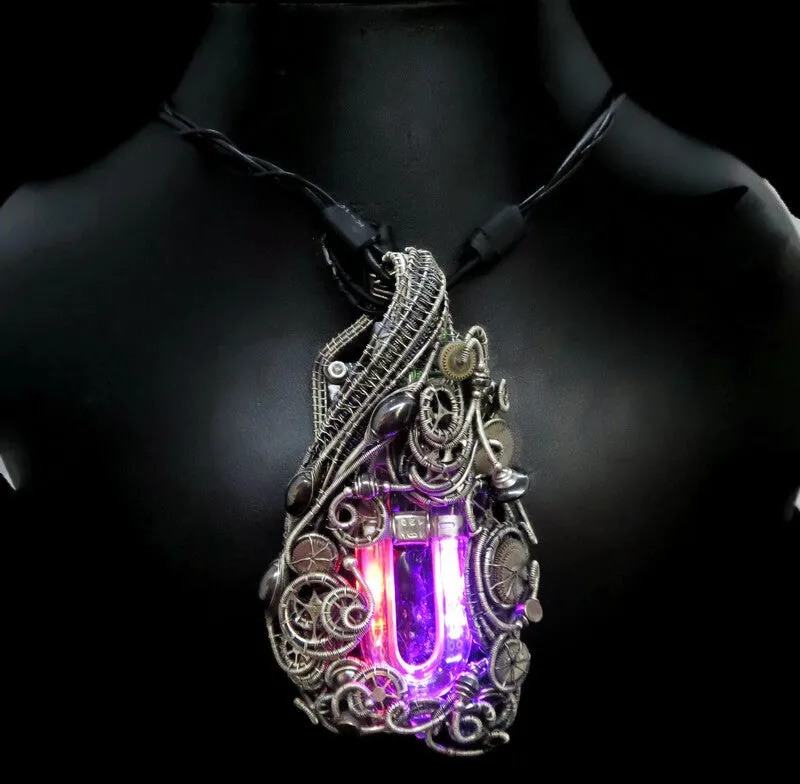 Rainbow U-Flashbulb Necklace with Upcycled Electronic and Watch Parts, Steampunk/Cyberpunk Fusion LED