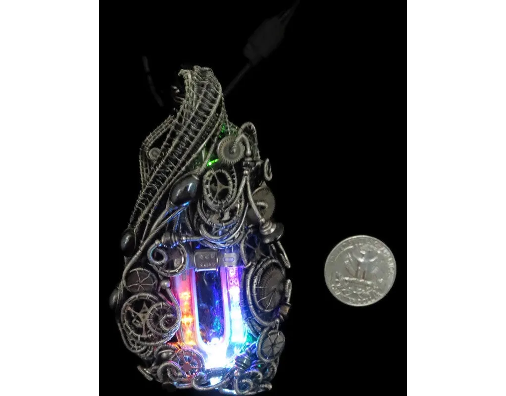 Rainbow U-Flashbulb Necklace with Upcycled Electronic and Watch Parts, Steampunk/Cyberpunk Fusion LED
