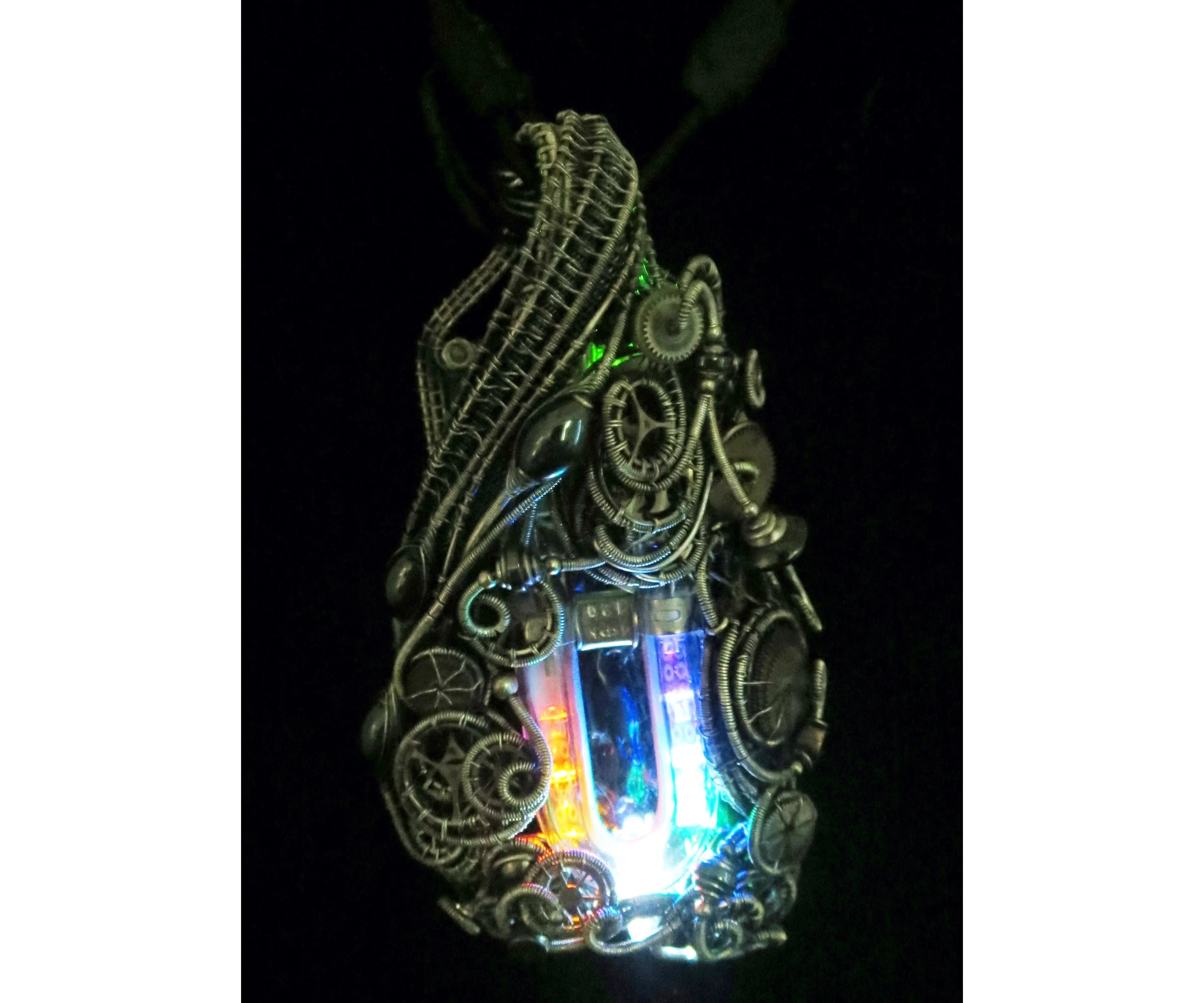 Rainbow U-Flashbulb Necklace with Upcycled Electronic and Watch Parts, Steampunk/Cyberpunk Fusion LED