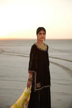 Raji Ramniq   I   Charcoal Black Lime Silk Velvet Gharara Set Dupatta We-110