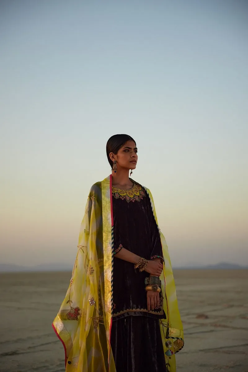 Raji Ramniq   I   Charcoal Black Lime Silk Velvet Gharara Set Dupatta We-110